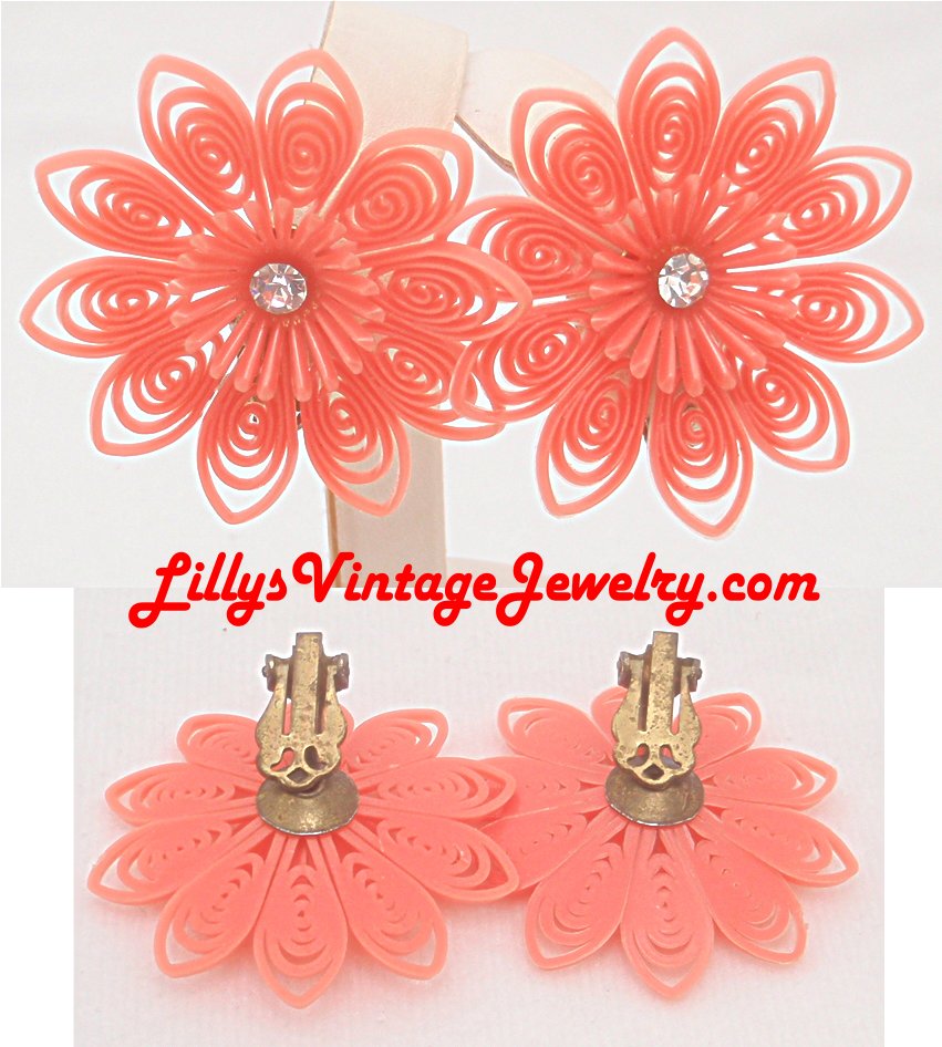 Vintage Plastic Flower Earrings with Heart-Shaped Petals